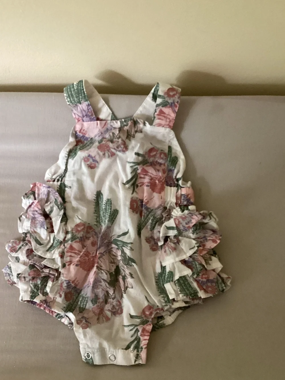 kate quinn White Floral Ruffle Baby One-Piece with Pink & Green Accents